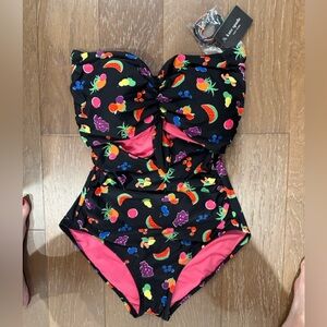 kate spade Black Kids One-Piece Swimsuit with Bright Fruit Print and Pink Lining